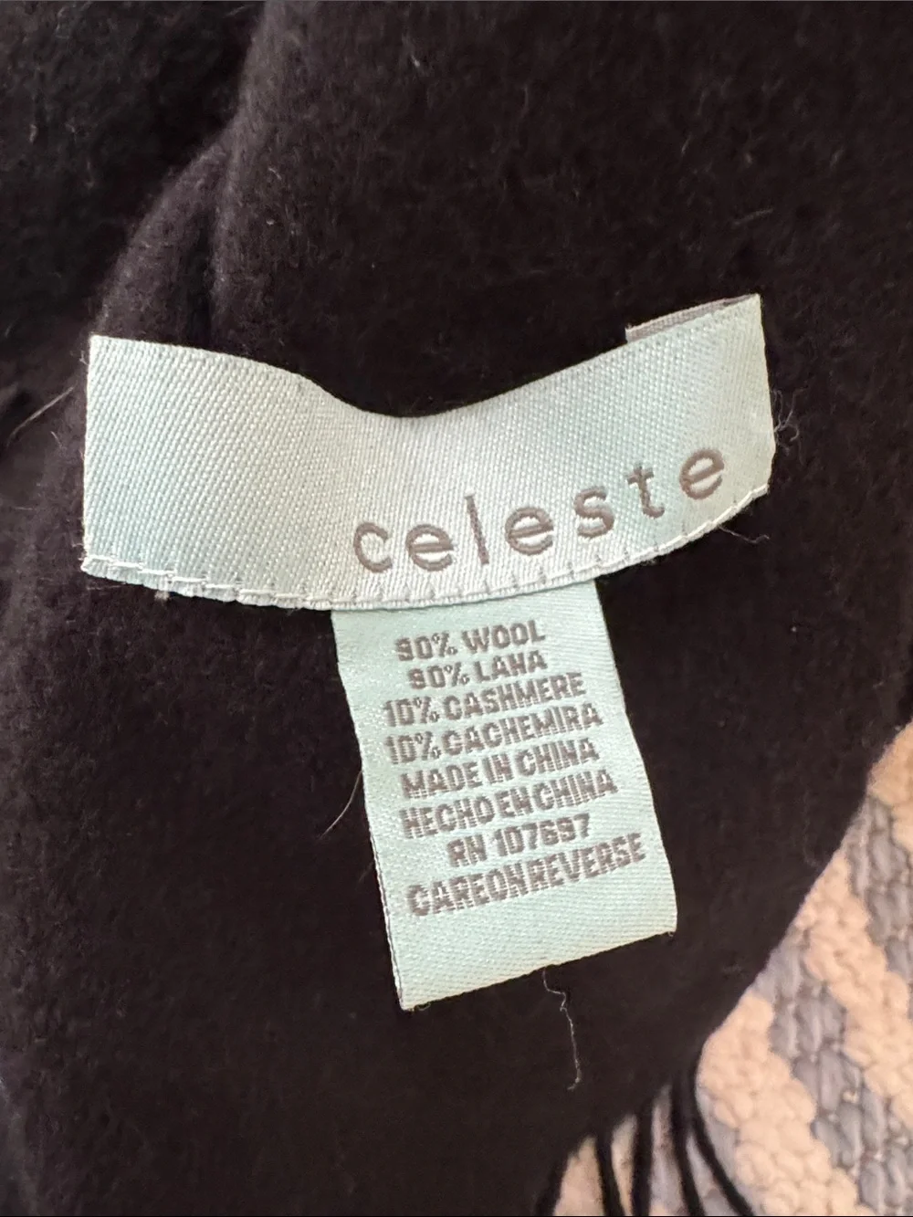 Celeste Wool Llama Cashmere Black Scarf Fringe Luxury Blend